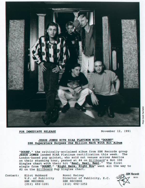 Press release for Doubt reaching Platinum Status November 12th 1991
