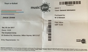 Jesus Jones gig ticket The Craufurd Arms 6 June 2017